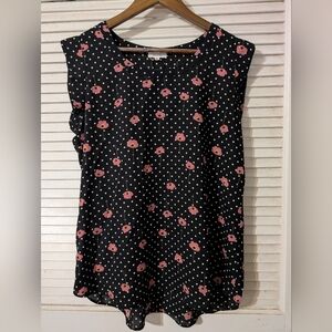 Pleione Black Blouse with Pink Floral and White Dots